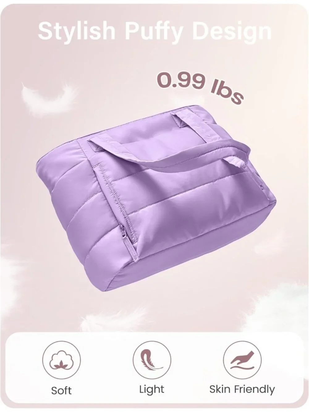 👜Women's Lavender Quilted Puffer Tote Bag Zipper Work Bag With Compartments
